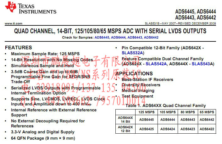 TI的4通道,14位,105MSPS 模数转换器IC ADS6444IRGCT