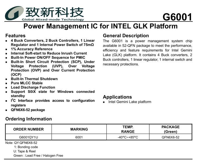 致新GMT-G6001AQY1U-电源管理IC