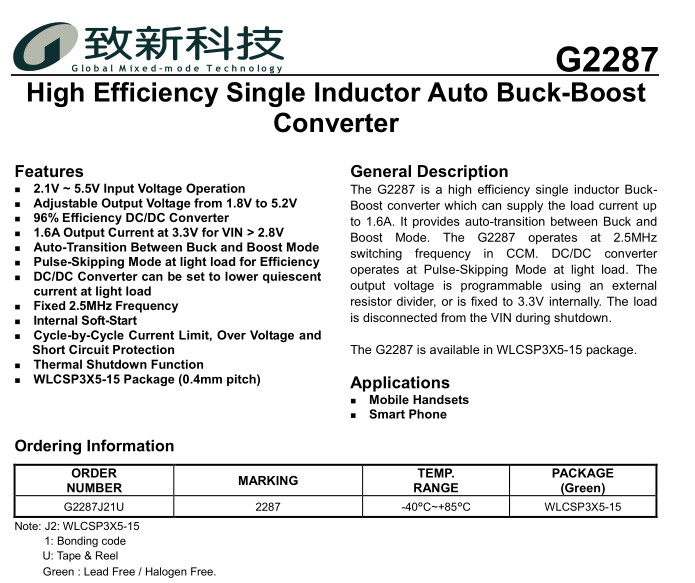 致新GMT-G2287J21U-h效率单电感自动降压-升压  转换器